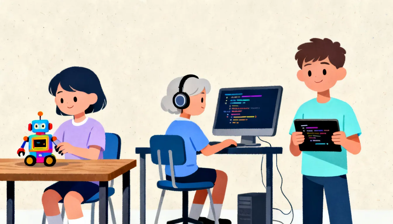 Children of different ages engage with educational technology: a young child with a toy robot, an elementary student at a computer, and a middle schooler with a tablet.