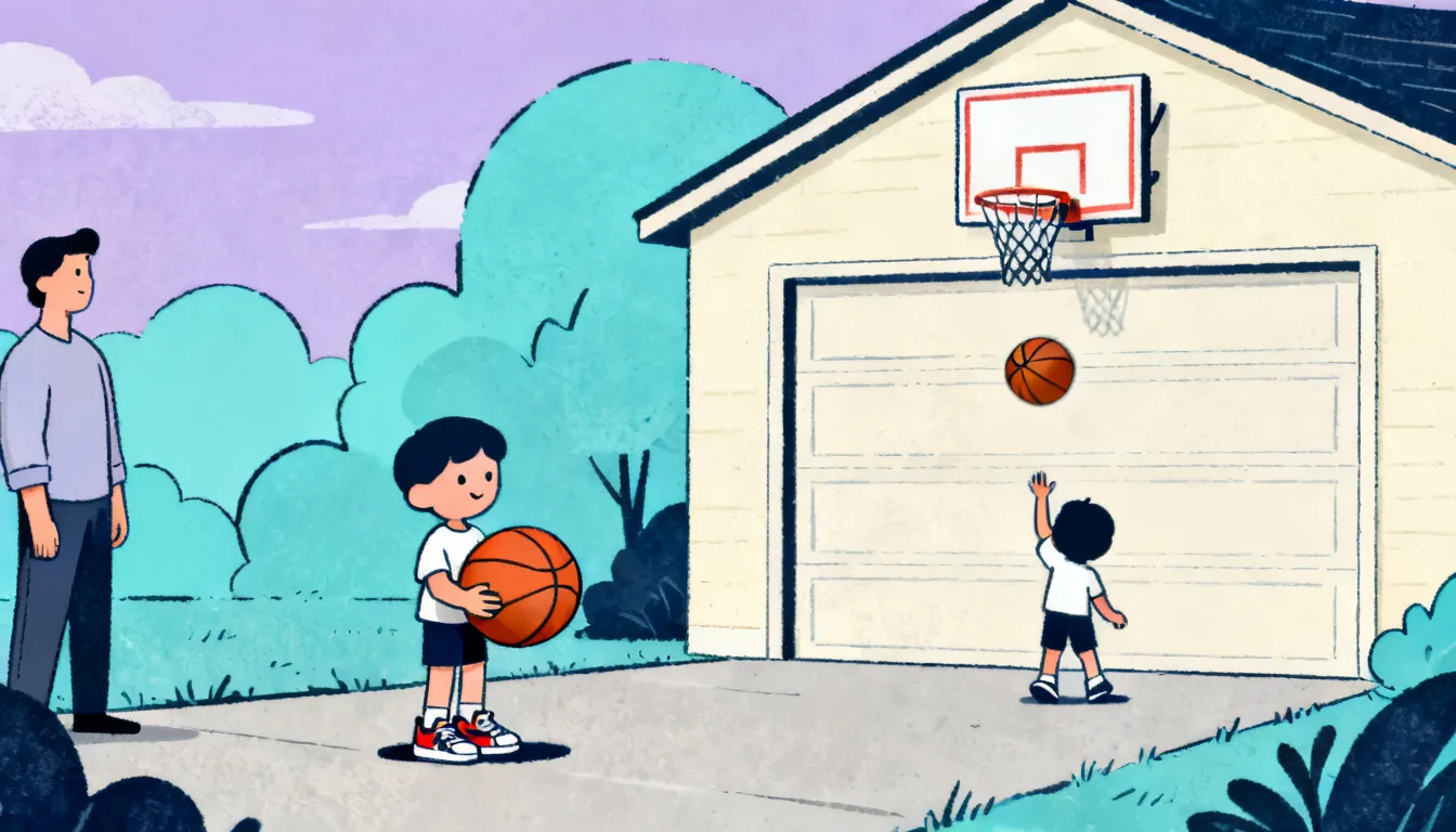 Young children playing basketball at a driveway hoop with a lowered rim, one child shooting while a parent supervises.