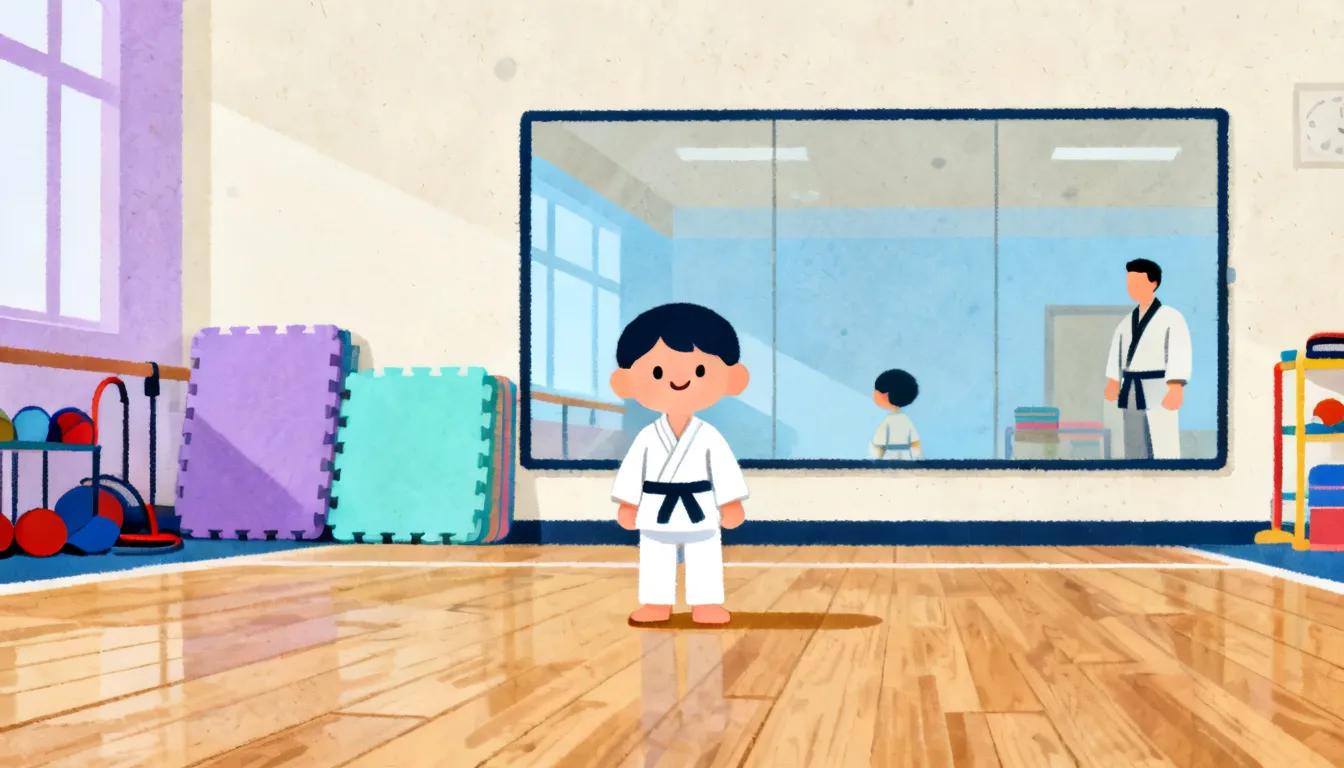 A child in white karate uniform faces an instructor in a bright dojo with padded floors and mirrors.