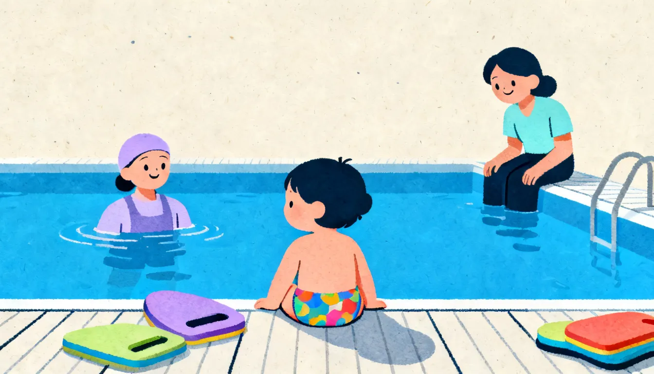 Toddler at pool edge with instructor in water, parent watching, and swim equipment on the deck.